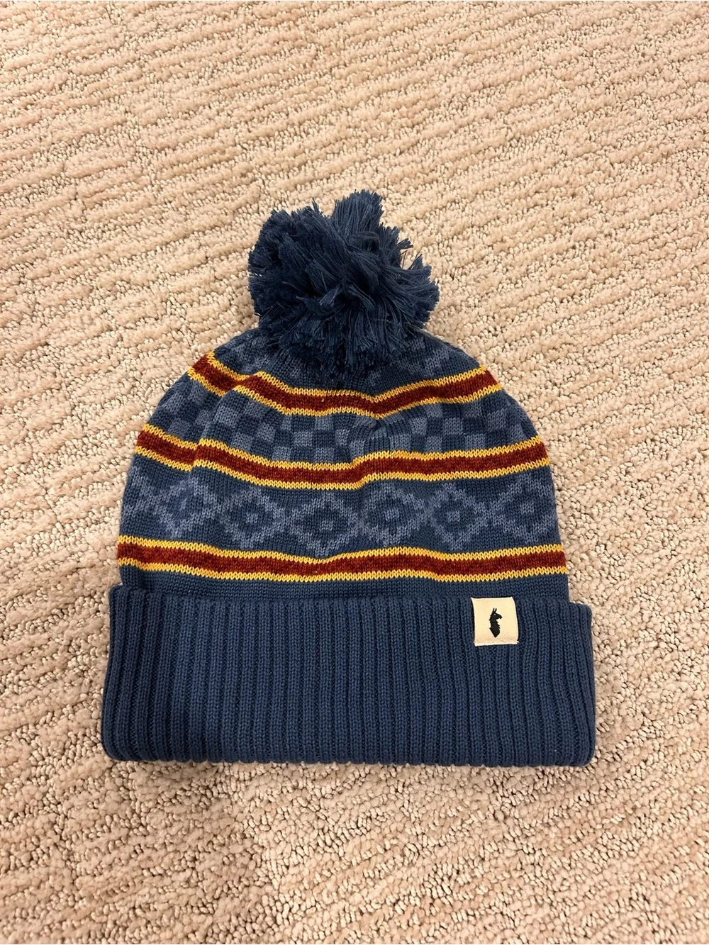 New Cotopaxi Navy Pom Beanie with Gold & Maroon Stripes — Unisex